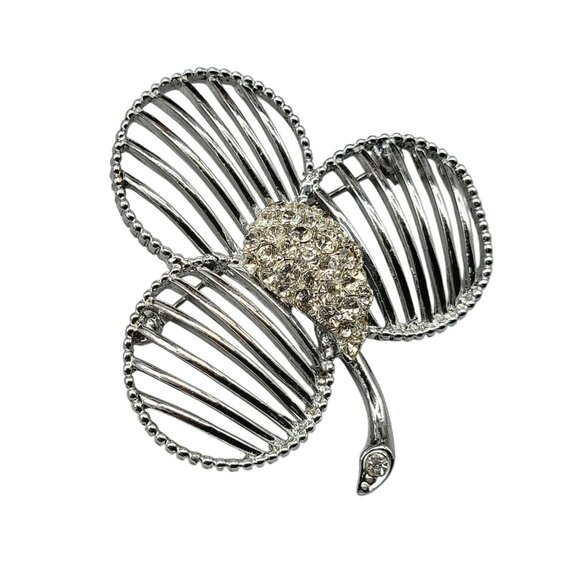 Paved Center 3 Leaf Clover Brooch Silver Tone Open Metal Work Clear Rhinestone - Picture 3 of 8